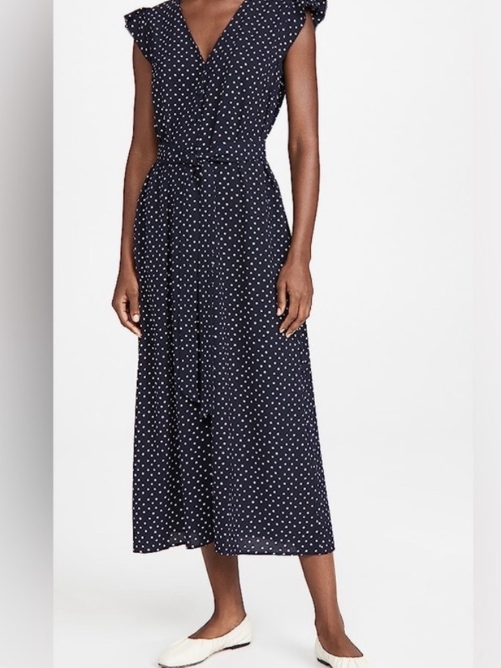 AYR Pixie Dress Navy & White Dot Maxi Waist Tie V-Neck Stretch Crepe Size Medium